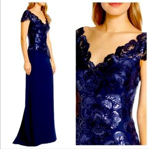 TADASHI SHOJI Alvaro Embroidered Lace Sequin Evening Gown, Navy Blue